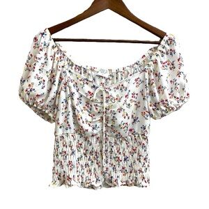 Sienna Sky Floral Puff Sleeve Crop Blouse Smocked Size Small